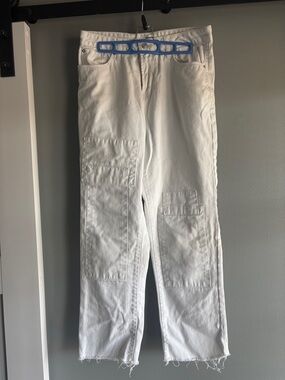 Kensie White Cargo Patch Jeans with Raw Hem